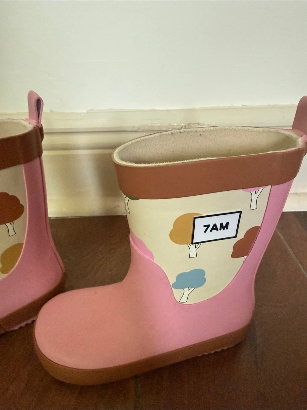 Kids' Pink Tree-Print Waterproof Rain Boots with Easy Pull Tabs
